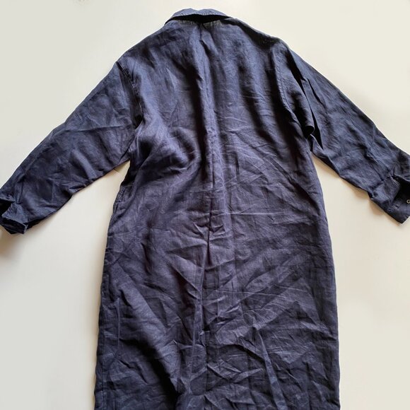 Women’s 100% Linen Navy Blue Long Shirt Dress Sz L Button Front Midi Side Pocket - Picture 8 of 10